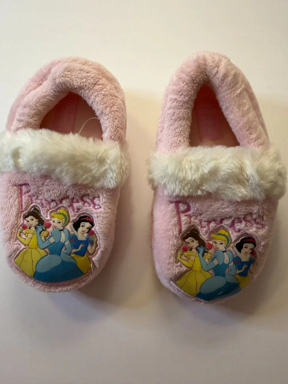 DISNEY PRINCESS, Girl's Pink Plush Faux Fur Slippers, Size L (9-10)
